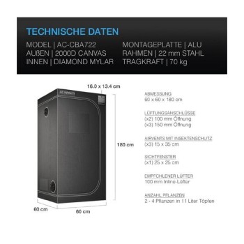 AC Infinity Cloudlab 722, Zelt 60 x 60 x 180 cm